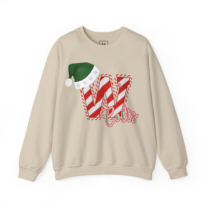 Candy Cane "W" with Green Santa Hat; Colts - Christmas Sweatshirt - Unisex
