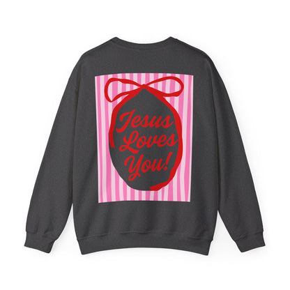 Faith Crewneck Sweatshirt — "Jesus Loves You" Pink & Red Stripes & Bows - Front & Back