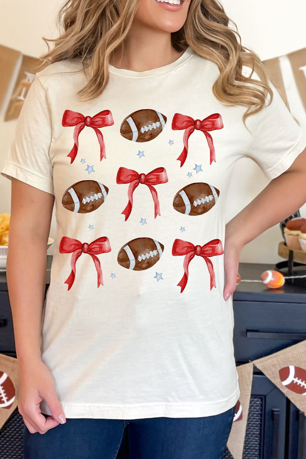 White Football and Bow Heat Transfer Printing Graphic Crewneck Tee