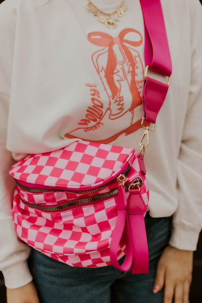 Bright Pink Checkered Print Wide Strap Large Crossbody Bag