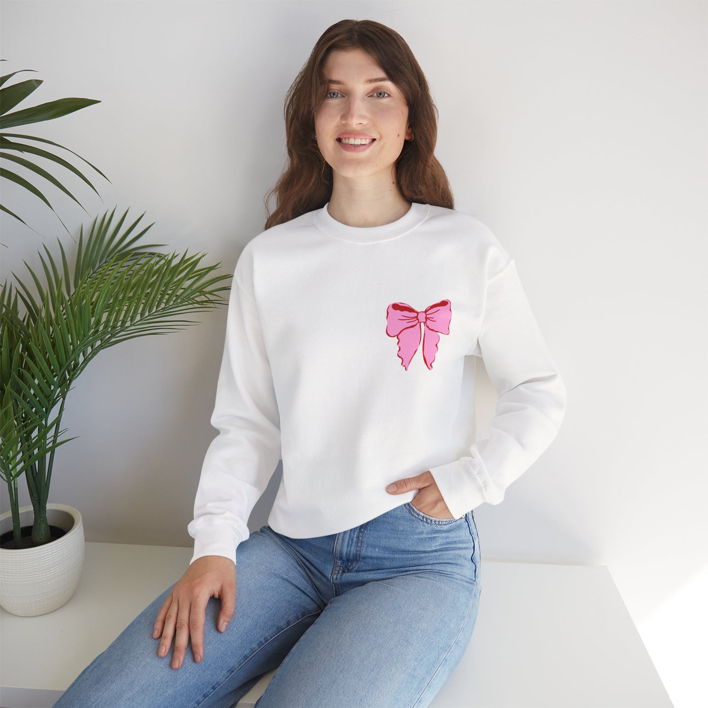 Faith Crewneck Sweatshirt — "Jesus Loves You" Pink & Red Stripes & Bows - Front & Back