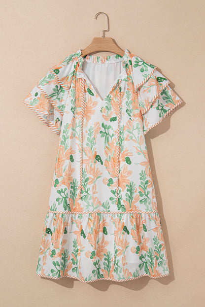 Orange Floral Contrast Edge Layered Short Sleeve Mini Dress