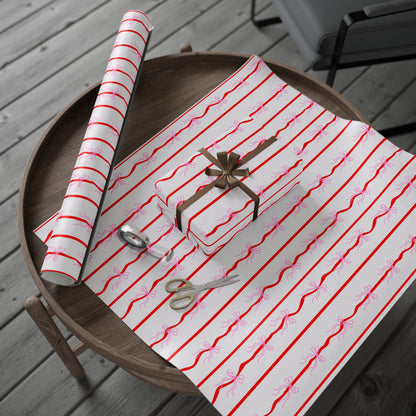 Pink Bows & Red Stripes Wrapping Paper — Coquette Gift Wrap