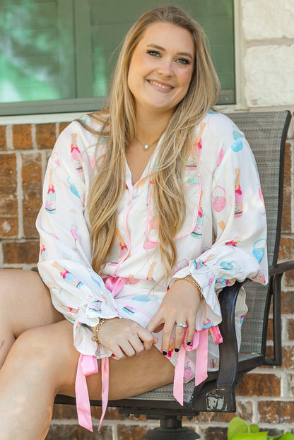 White Wine Glass Print Ribbon Bow Decor Plus Size Pajama Set