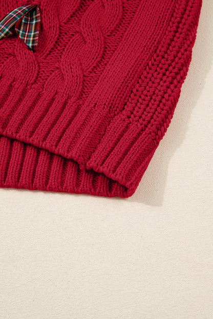 Fiery Red Plaid Lace up Detail Christmas Holiday Puff Short Sleeve Sweater