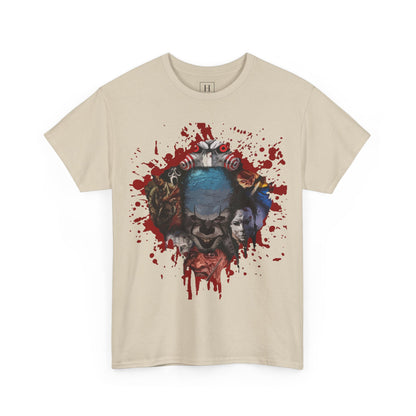 Halloween; Classic Horror Characters with Pennywise and Blood Splatter -- Unisex
