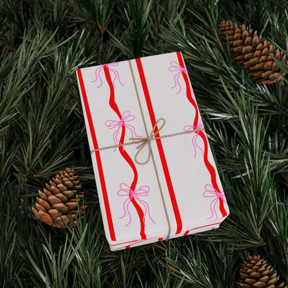 Pink Bows & Red Stripes Wrapping Paper — Coquette Gift Wrap