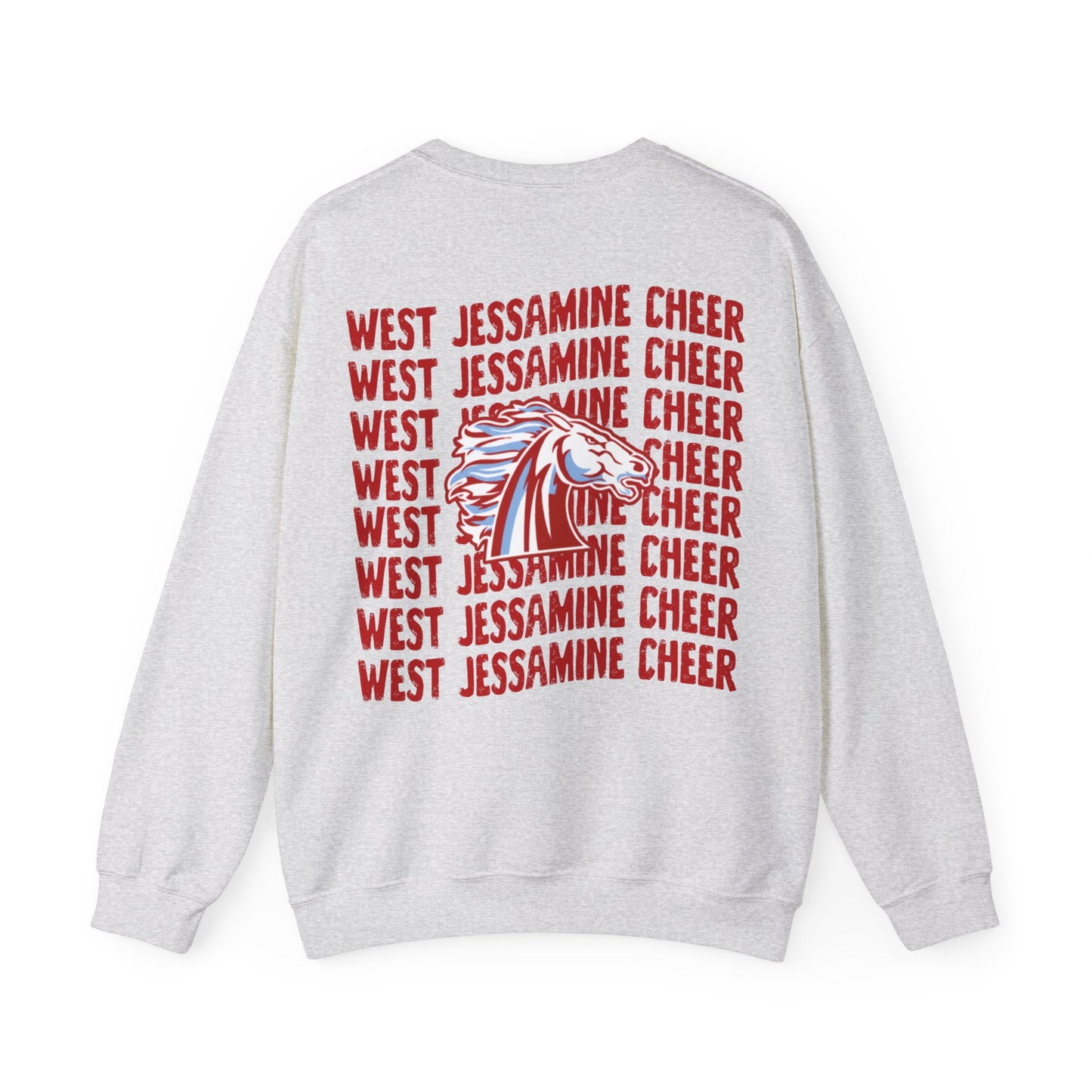West Jessamine Cheer Crewneck Sweatshirt — Back ‘West Jessamine Cheer’ with Horse Logo - Unisex