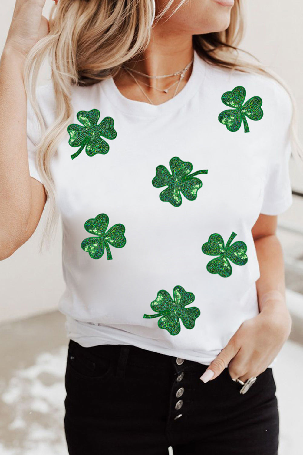 White Sequin Lucky Clover Graphic Crewneck Tee