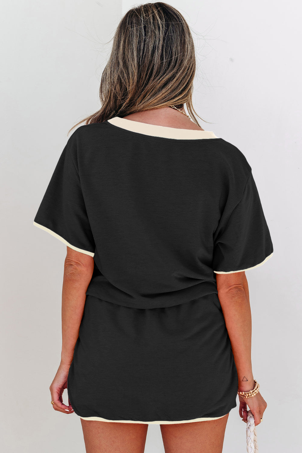 Rose Red Colorblock Edge Drop Shoulder T Shirt and Skort 2Pcs Set