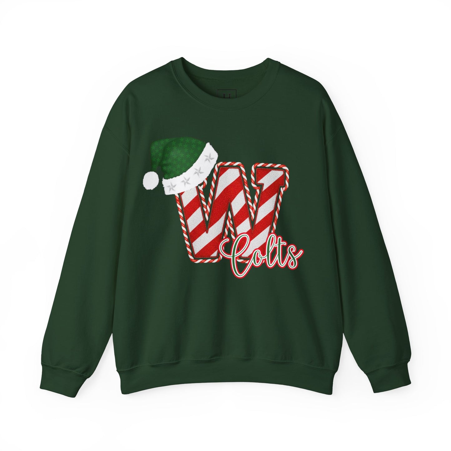 Candy Cane "W" with Green Santa Hat; Colts - Christmas Sweatshirt - Unisex
