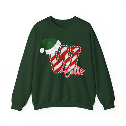 Candy Cane "W" with Green Santa Hat; Colts - Christmas Sweatshirt - Unisex