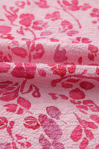 Pink Floral Puff Sleeve Split Neck Blouse