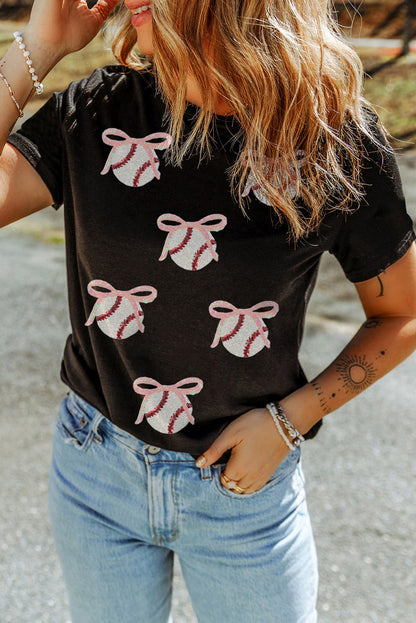 Black Shimmering Bow Ball Patterned Sequins Patch Game Day Casual Tee