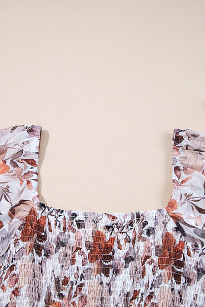 White Floral Print Sweetheart Neck Long Sleeve High Waist Mini Dress