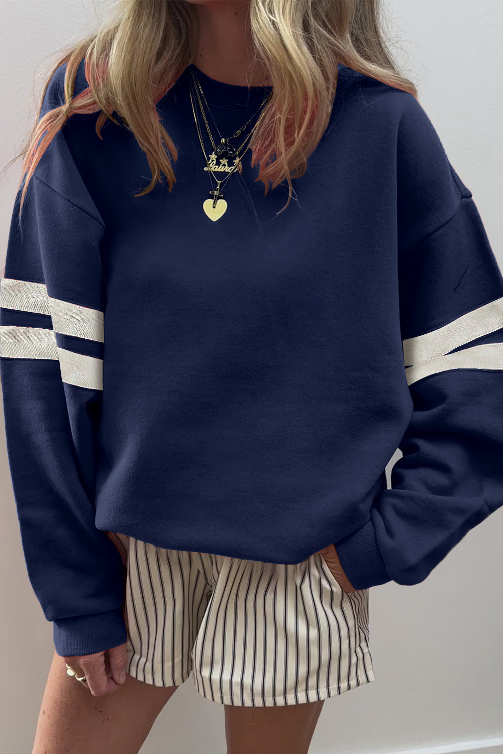 Navy Blue Varsity Striped Detail Drop Shoulder Oversized Sweatshirt