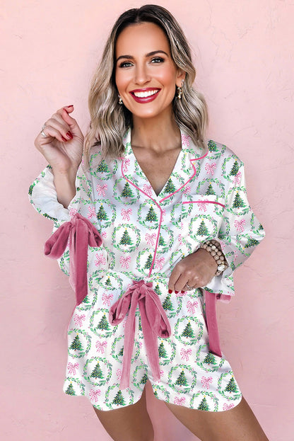 Green Christmas Fashion Print Velvet Trim Bow Knot Pajama 2pcs Short Set