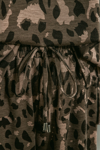 Brown Leopard Print Raw Seam Patchwork Pullover Drawstring Loose Pant Set