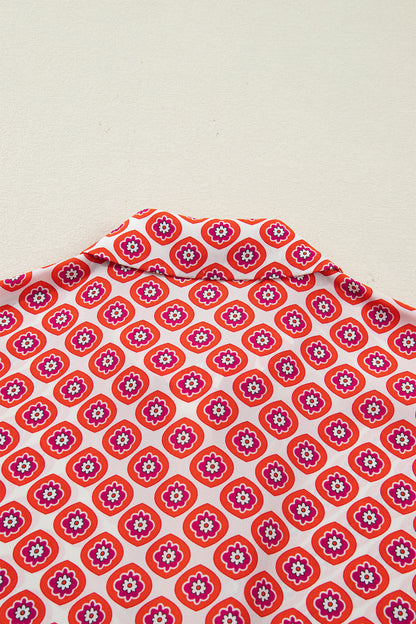 Orange Geometric Floral Print Color Block Trim Button Front Ruffle Hem Dress