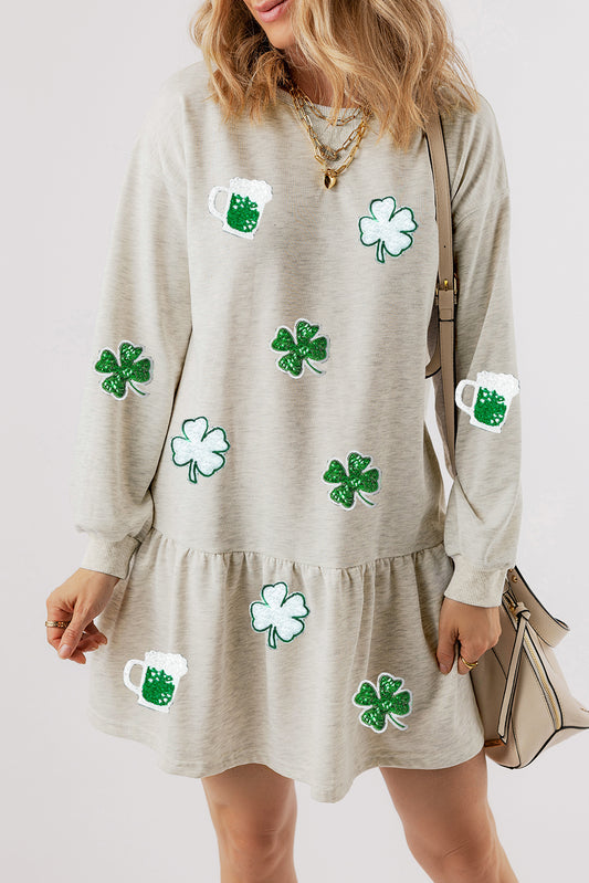 Casual St Patricks Clover Beer Patched Graphic Ruffle Hem Dress