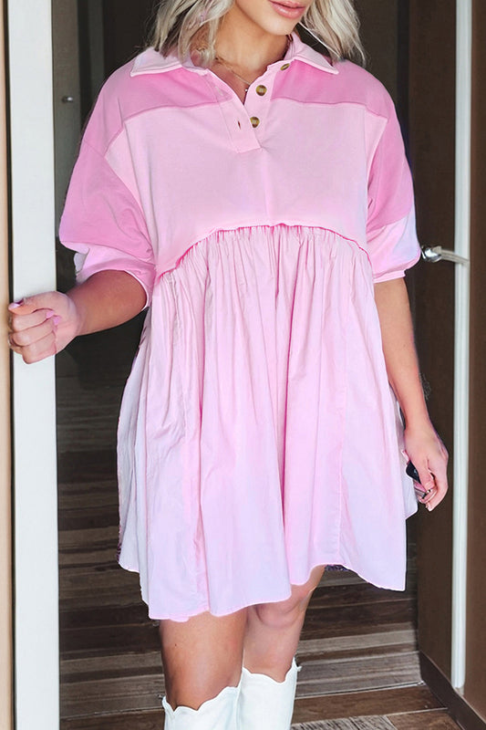 Pink Raw Seam Color Block Patchwork Button Polo Collar Mini Dress