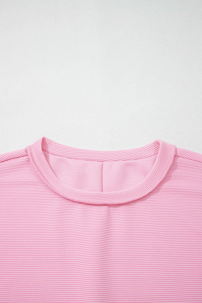 Pink Horizontal Ribbed Exposed Seam Detail Drop Shoulder Baggy Pullover