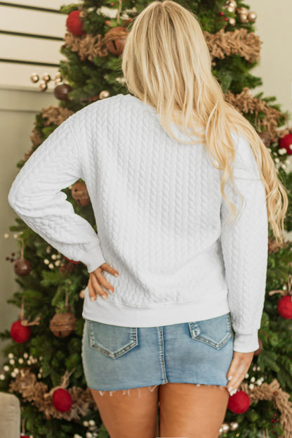 White LUCKY Chenille Embroidered Cable Knit Pullover Sweatshirt