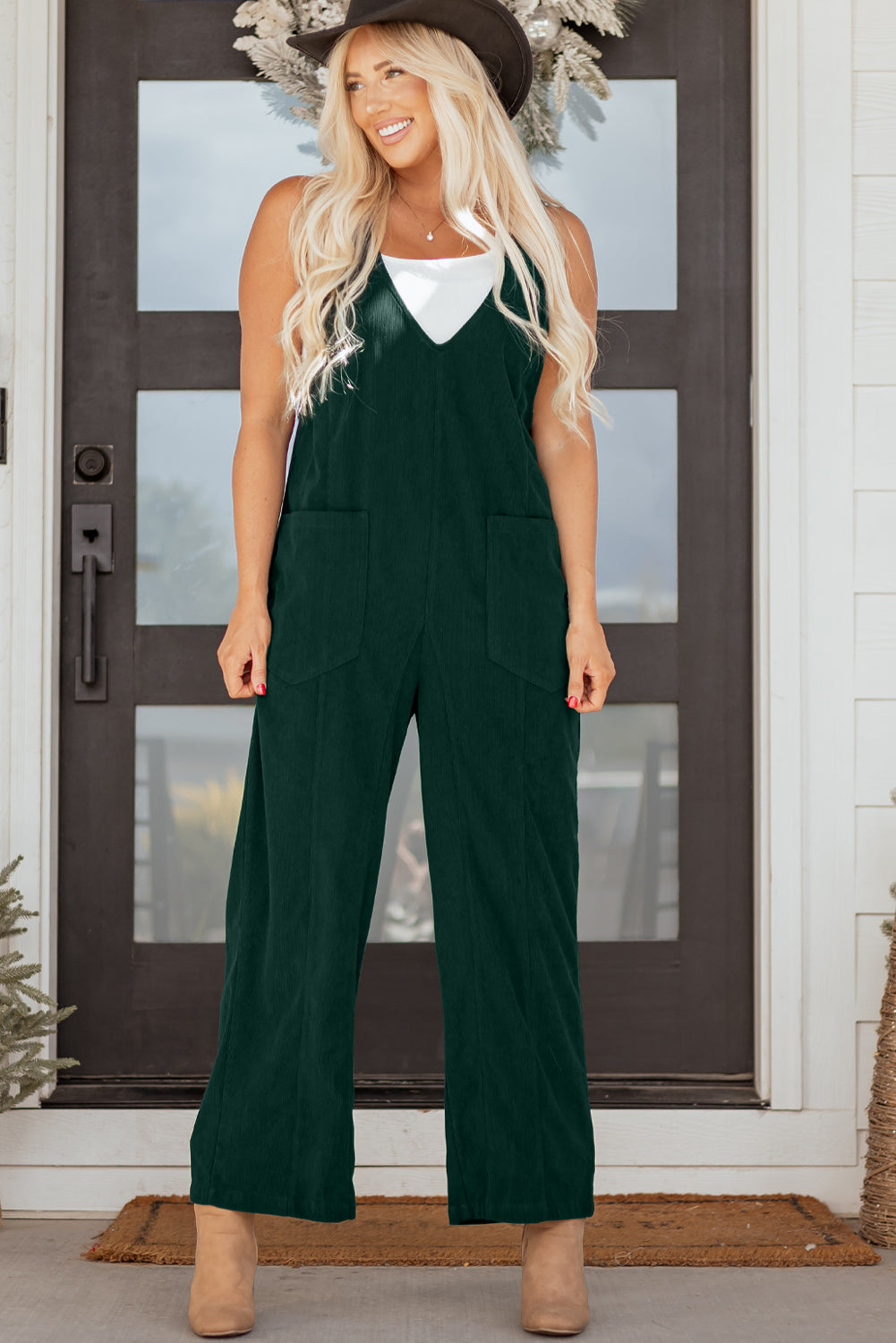 Evergreen Corduroy V Neck Patched Pocket Sleeveless Jumpsuit