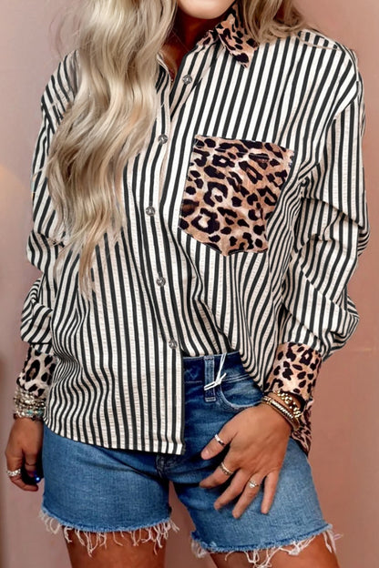 Black Striped Leopard Print Patchwork Button Up Womens Shirt