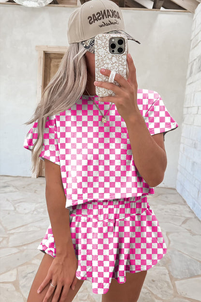 Pink Checkerboard T Shirt and High Waist Skorts 2 Piece Outfit