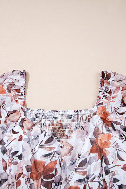 White Floral Print Sweetheart Neck Long Sleeve High Waist Mini Dress