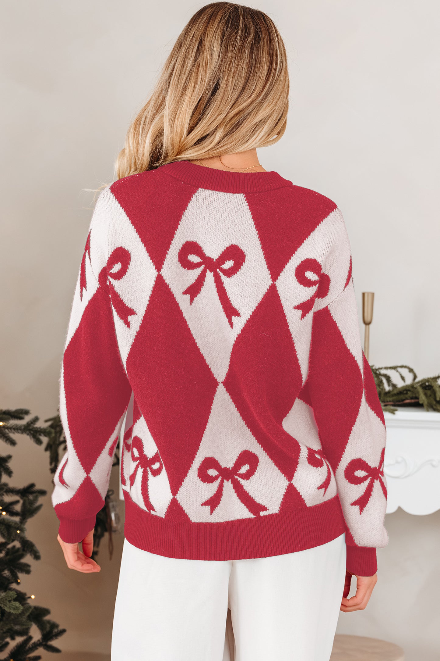 Red Bow Print 2-tone Rhombus Knit Loose Sweater