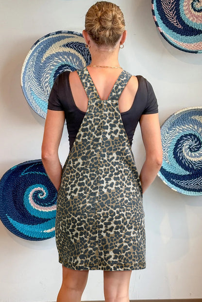 Gray Leopard Print Pocketed Loose Fit Denim Overall Dress