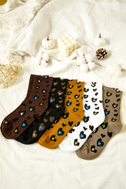 Bristol Black 5 Pairs Ribbed Trim Heart Leopard Print Socks