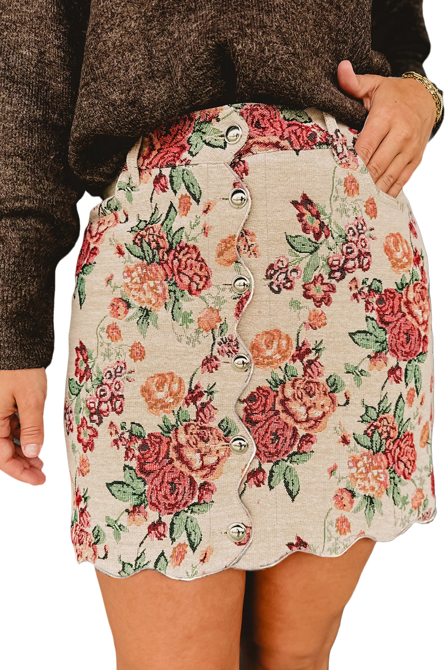 Apricot Buttoned Front Scalloped Trim Mini Jacquard Floral Skirt
