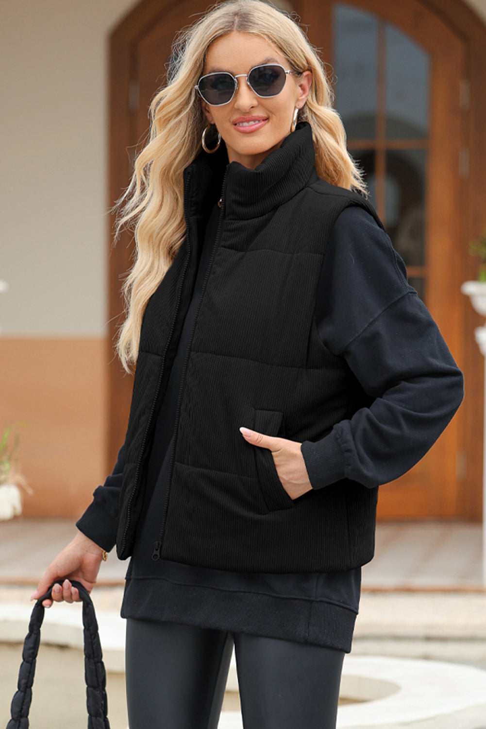 Pocketed Zip Up Turtleneck Vest Coat