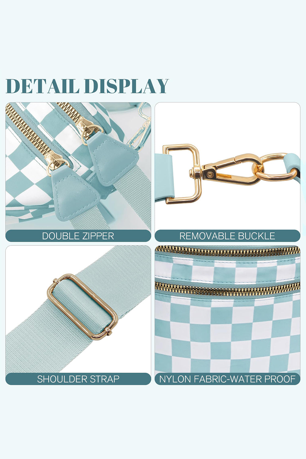 Mist Blue Checkered Print Wide Strap Large Crossbody Bag