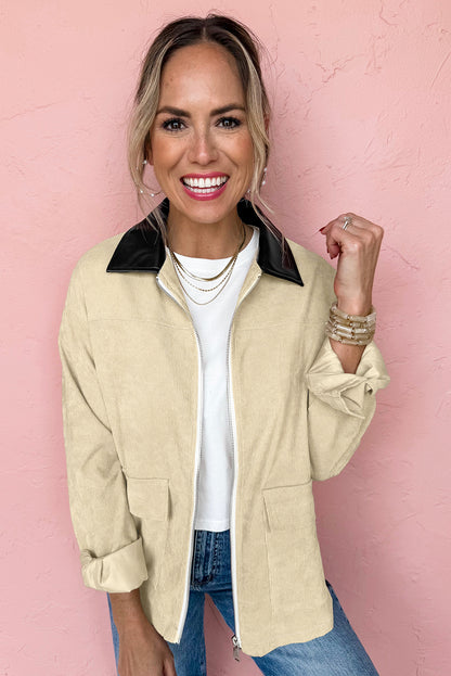 Parchment Contrast Leather Collar Textured Zip Up Jacket