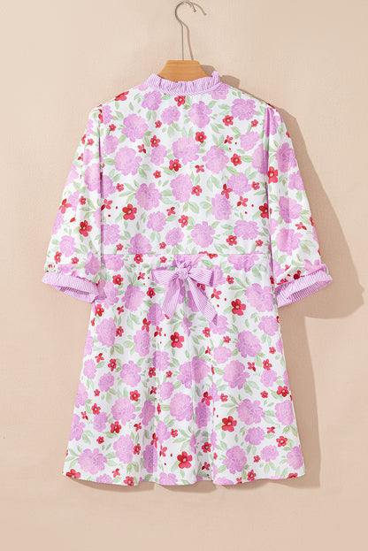 Pink Floral Print Striped Trim Flowy Mini Dress