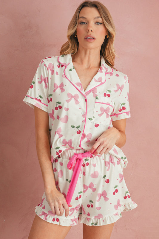 Beige Bow and Cherry Print Ruffle Hem Shorts Pajama Set