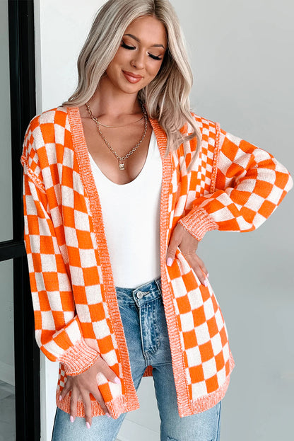 Brown Checkered Open Front Drop Shoulder Cardigan