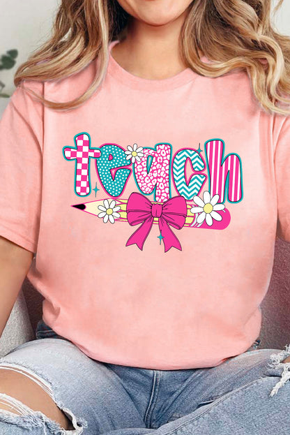 Pink Retro Checkered teach and Bow Pencil Heat Transfer Printing Graphic T Shirt