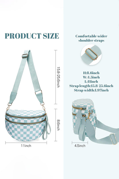 Mist Blue Checkered Print Wide Strap Large Crossbody Bag