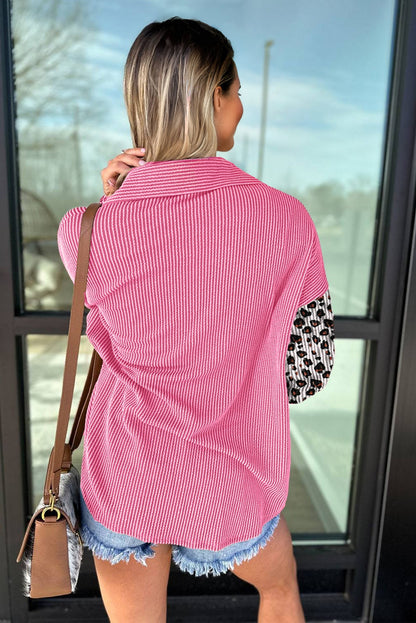 Rose Red Leopard Patched Twisted Ribbed Western Casual Shacket