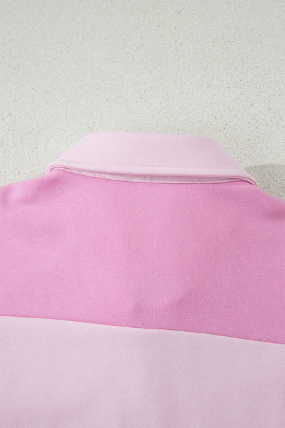 Pink Raw Seam Color Block Patchwork Button Polo Collar Mini Dress