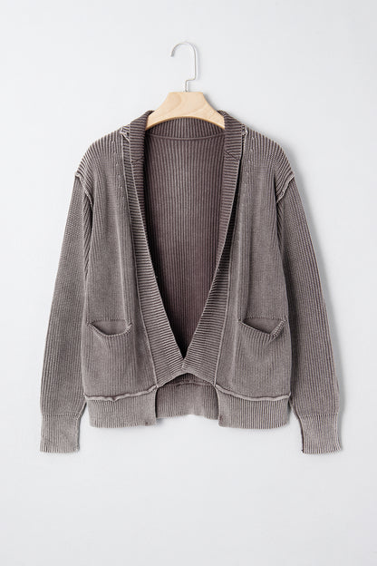 Dark Brown Mineral Wash Exposed Seam Patchwork Knit Open Sweater Cardigan