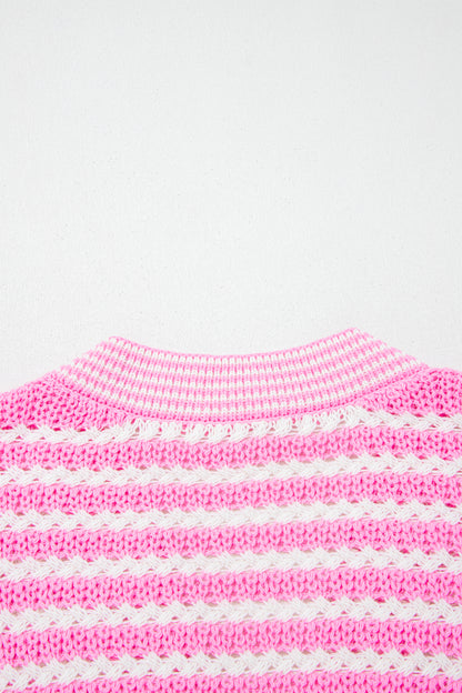 Green Stripe Short Sleeve Knit V Neck Bow Knot Sweater