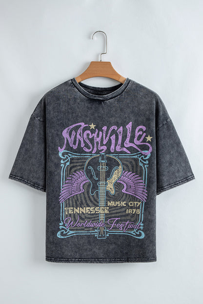 Black Vintage Nashville Tennessee Graphic Mineral Washed Plus Size Tee