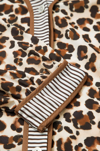 Brown Leopard Print Striped Patchwork 3/4 Sleeve Loose Mini Dress