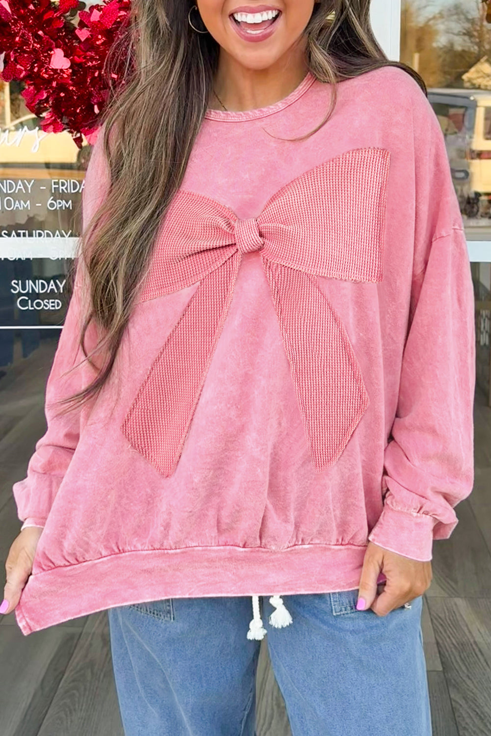 Bright Pink Mineral Wash Big Bow Patchwork Pullover Sweatshirt